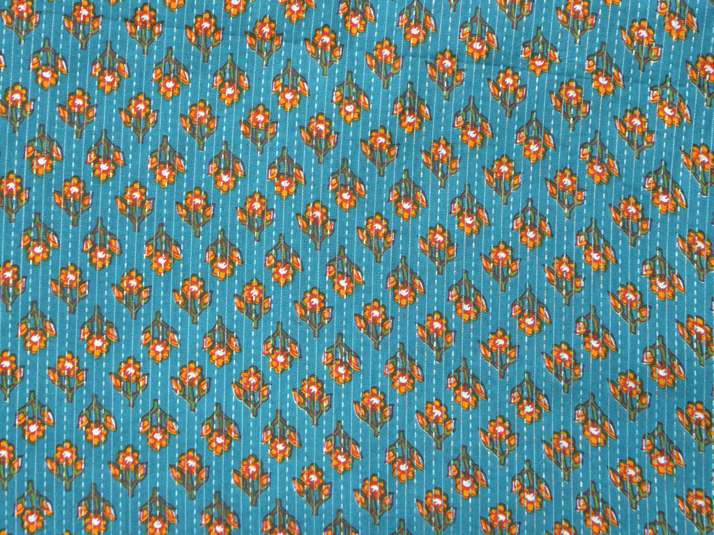 Sky Blue Floral Pure Cotton Kantha Fabric