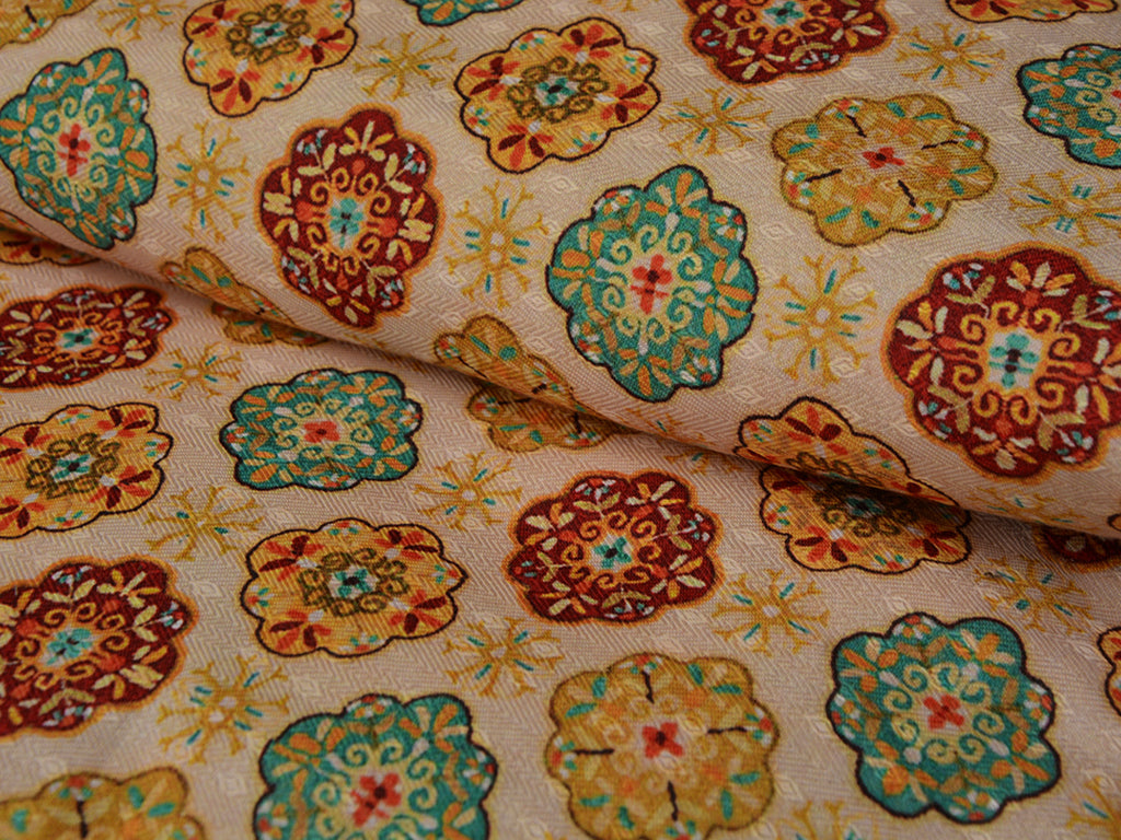 Mustard Yellow Motifs Semi Pashmina Wool Fabric