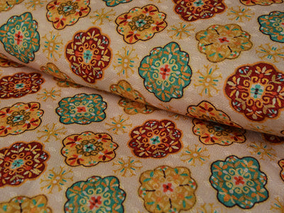 Mustard Yellow Motifs Semi Pashmina Wool Fabric