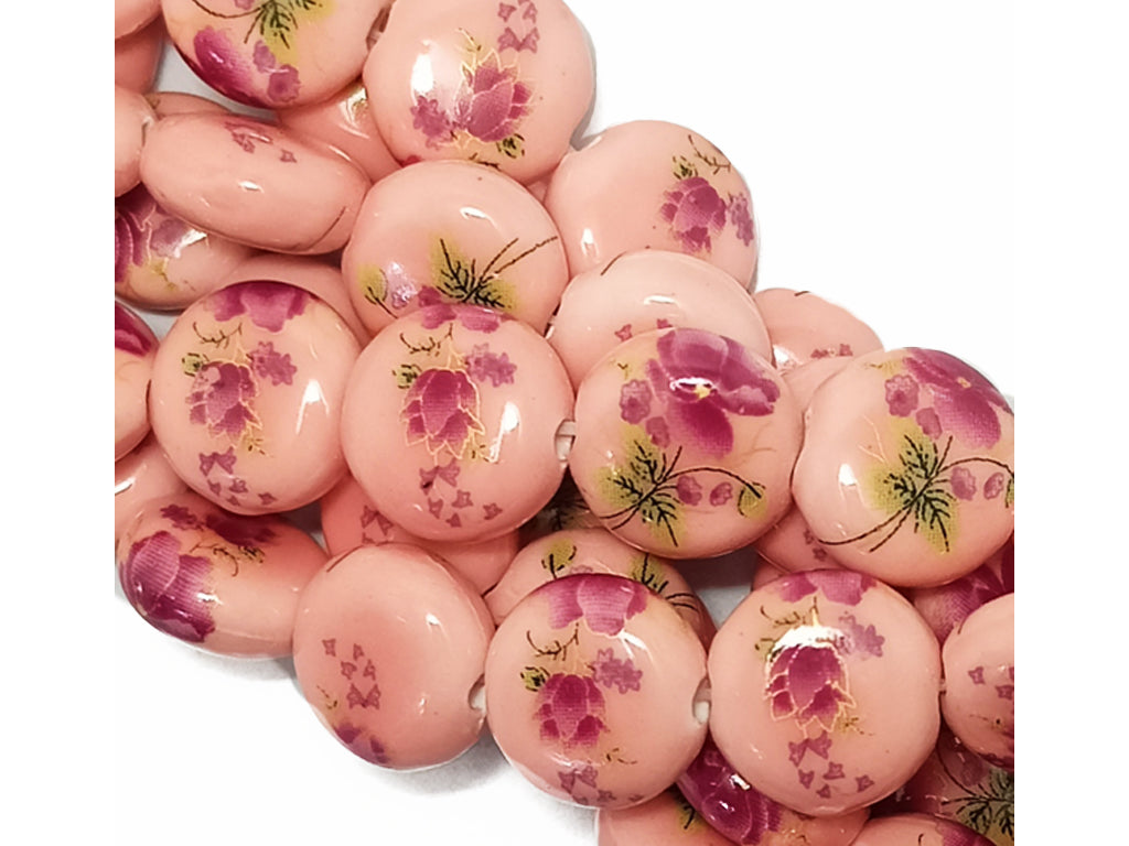 Pink Round Printed Ceramic Beads