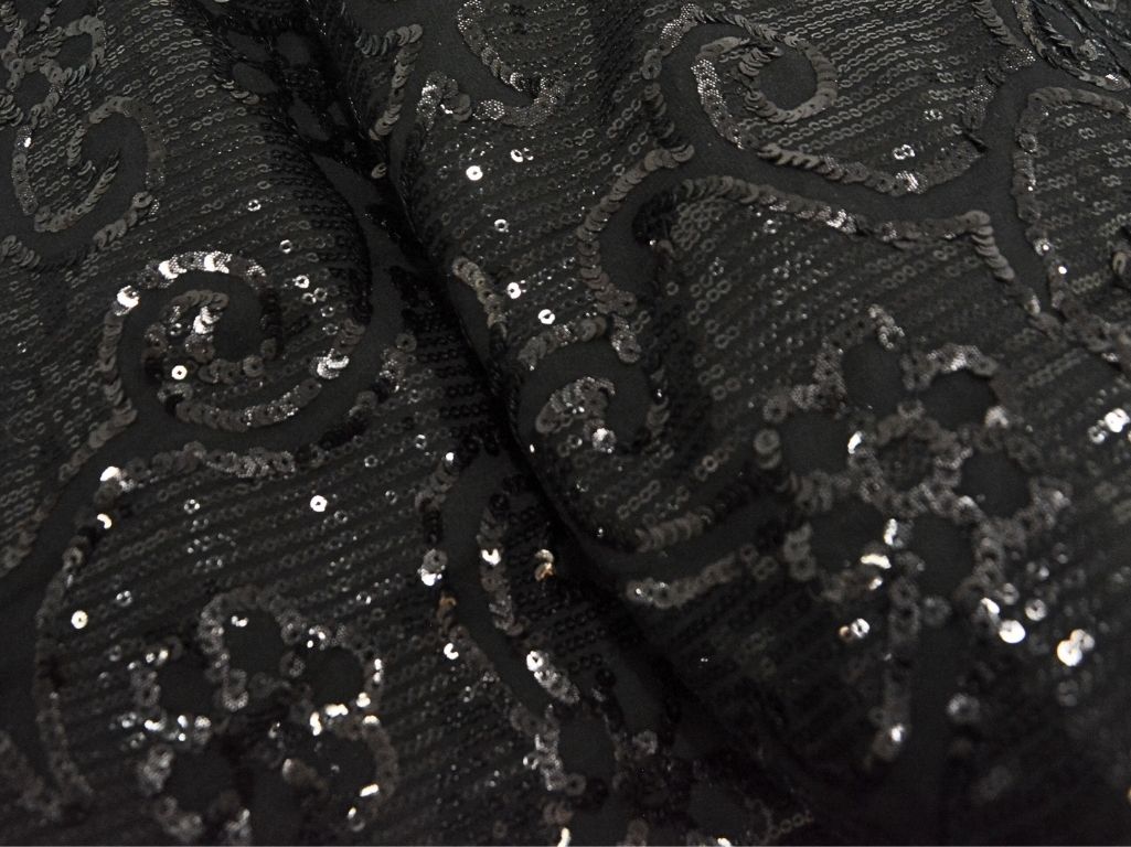 Black Viscose Georgette With Sequins Embroidered Fabric
