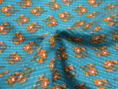 Sky Blue Floral Pure Cotton Kantha Fabric