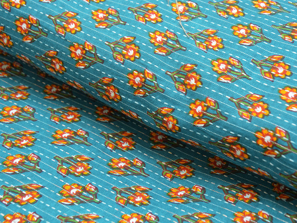 Sky Blue Floral Pure Cotton Kantha Fabric