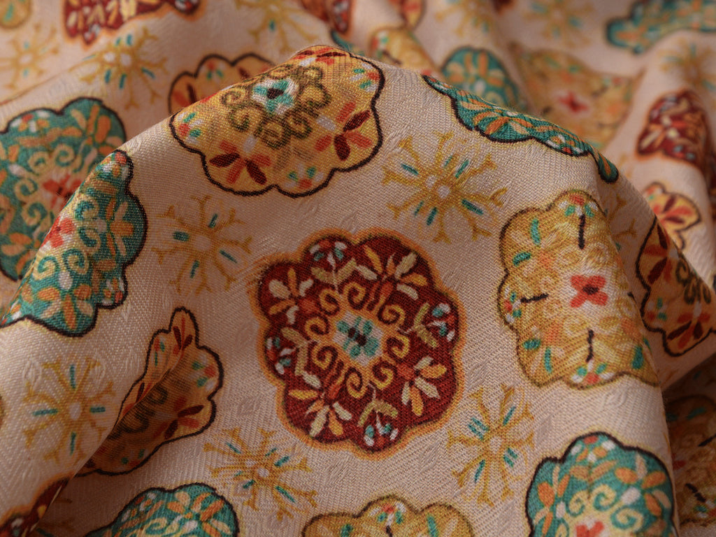 Mustard Yellow Motifs Semi Pashmina Wool Fabric