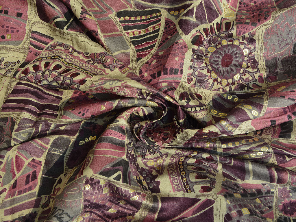 Light Gray & Pink Abstract Printed Premium Modal Chanderi Silk Fabric