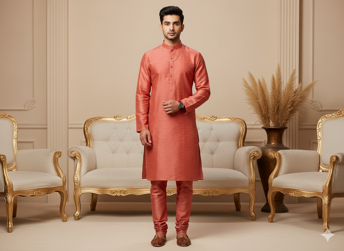 Salmon Red Plain Bangalore Raw Silk Fabric  (Wholesale)