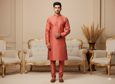 Salmon Red Plain Bangalore Raw Silk Fabric  (Wholesale)