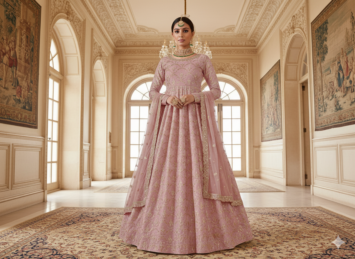 पीच मेटैलिक सेक्विन कढ़ाई मलाई साटन कपड़ा