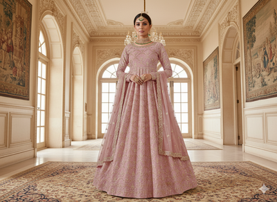 पीच मेटैलिक सेक्विन कढ़ाई मलाई साटन कपड़ा