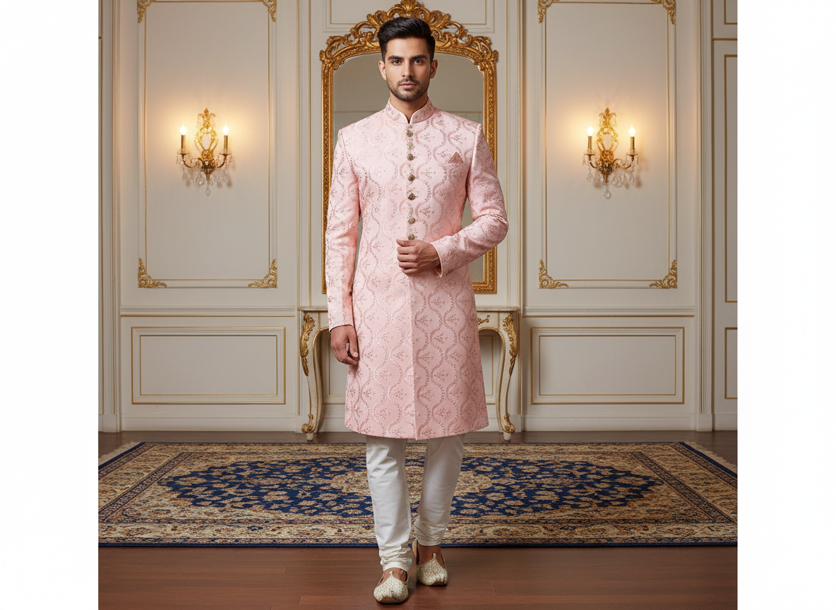 पीच मेटैलिक सेक्विन कढ़ाई मलाई साटन कपड़ा