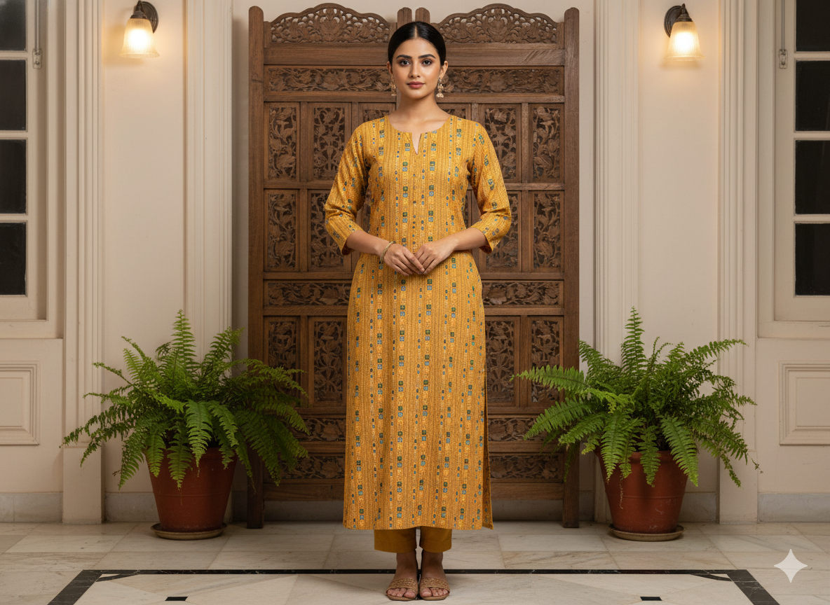 Yellow Traditional Digitally Printed Butter Crepe Fabric