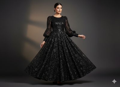 Black Viscose Georgette With Sequins Embroidered Fabric