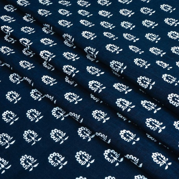 Navy Blue & White Motifs Printed Pure Cotton Fabric