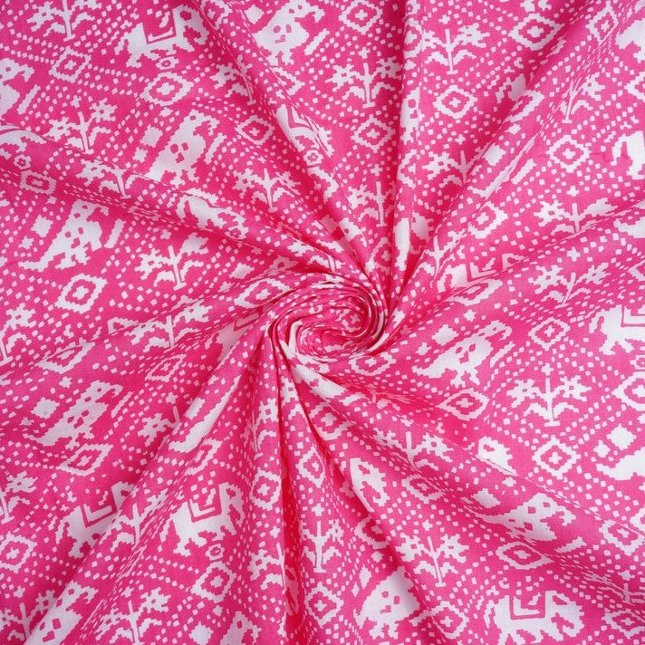 Pink & White Traditional Printed Pure Cotton Fabric