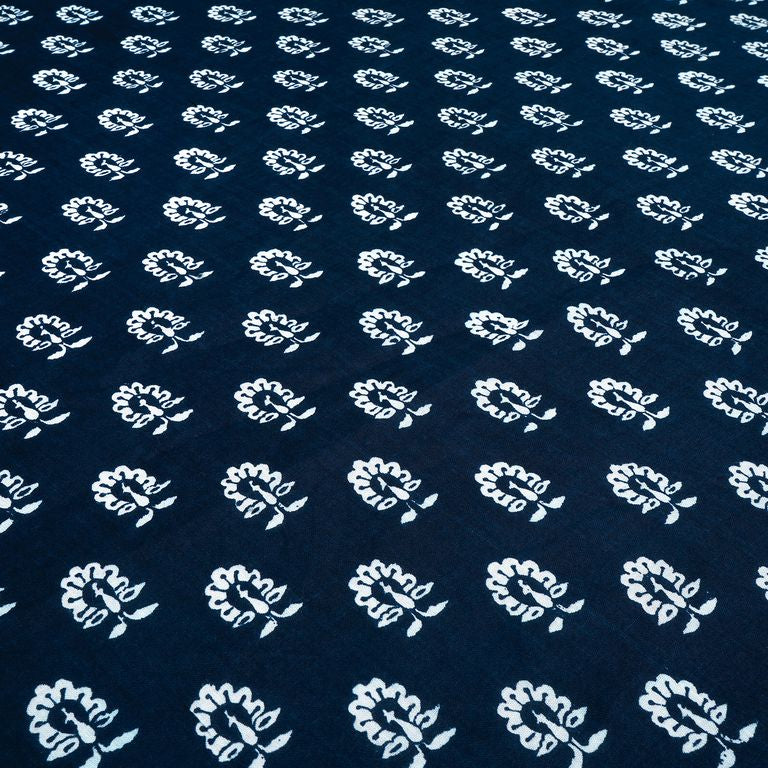 Navy Blue & White Motifs Printed Pure Cotton Fabric