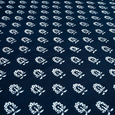 Navy Blue & White Motifs Printed Pure Cotton Fabric