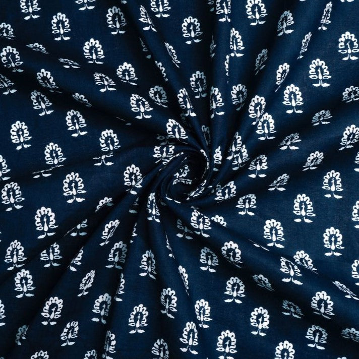 Navy Blue & White Motifs Printed Pure Cotton Fabric