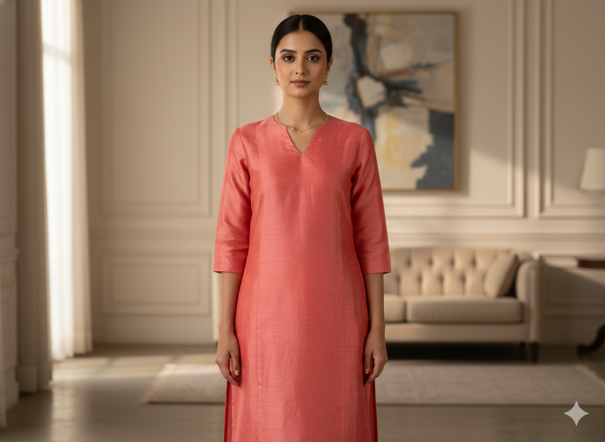 Salmon Red Plain Bangalore Raw Silk Fabric  (Wholesale)