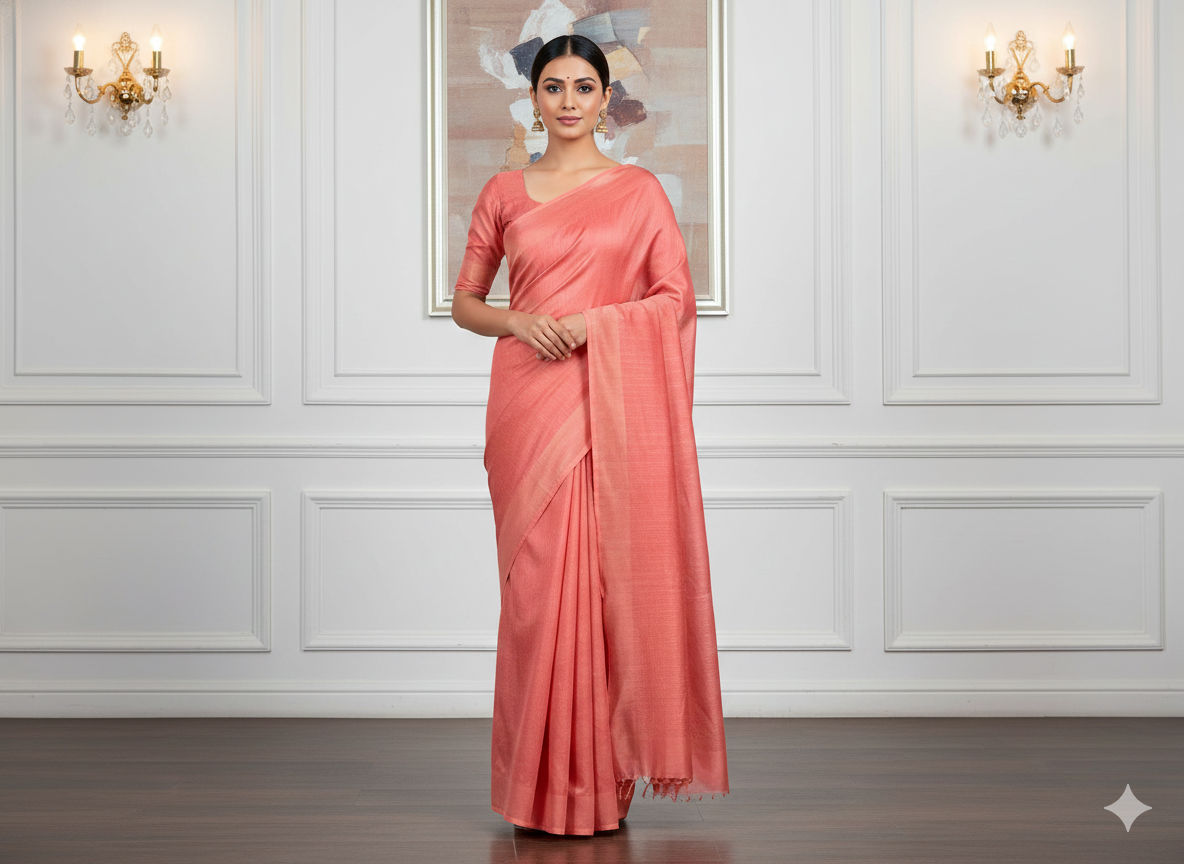 Salmon Red Plain Bangalore Raw Silk Fabric  (Wholesale)