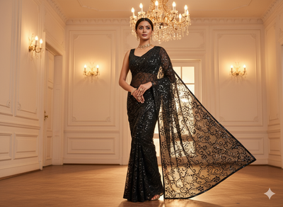 Black Viscose Georgette With Sequins Embroidered Fabric