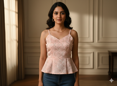 पीच मेटैलिक सेक्विन कढ़ाई मलाई साटन कपड़ा