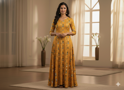 Yellow Traditional Digitally Printed Butter Crepe Fabric