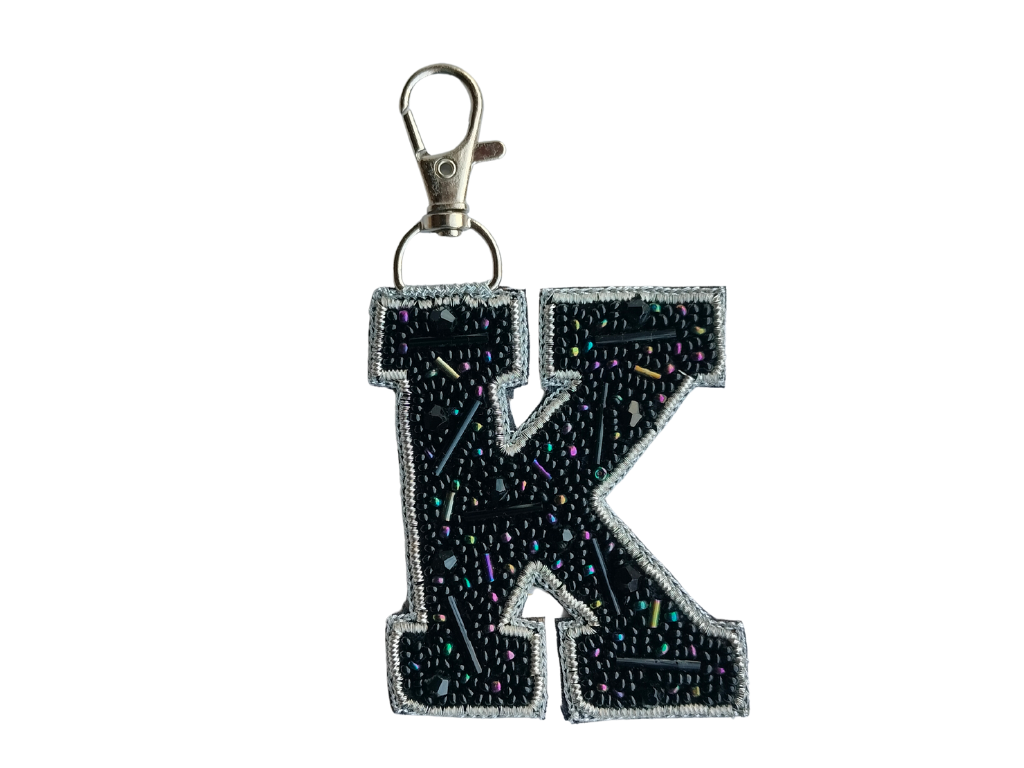 Black Cutdana 'K' Alphabet Bag Charm