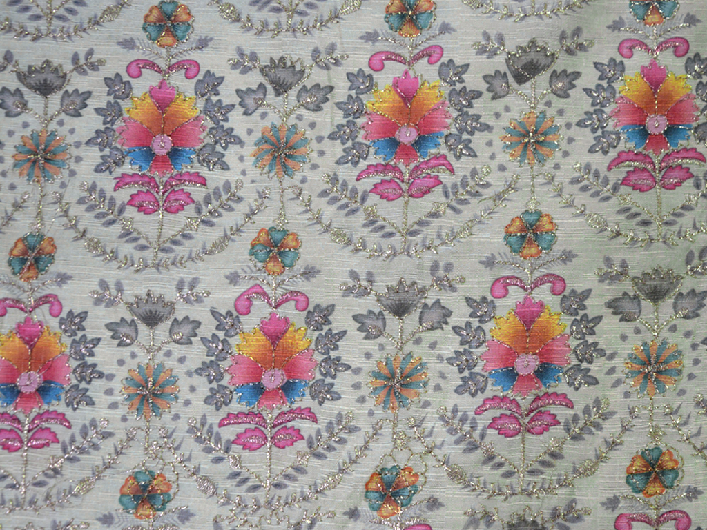 Pale Yellow Traditional Digital Print Heavy Zari Embroidered Mulberry Silk Fabric