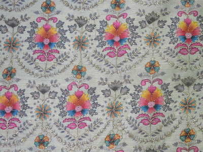 Pale Yellow Traditional Digital Print Heavy Zari Embroidered Mulberry Silk Fabric