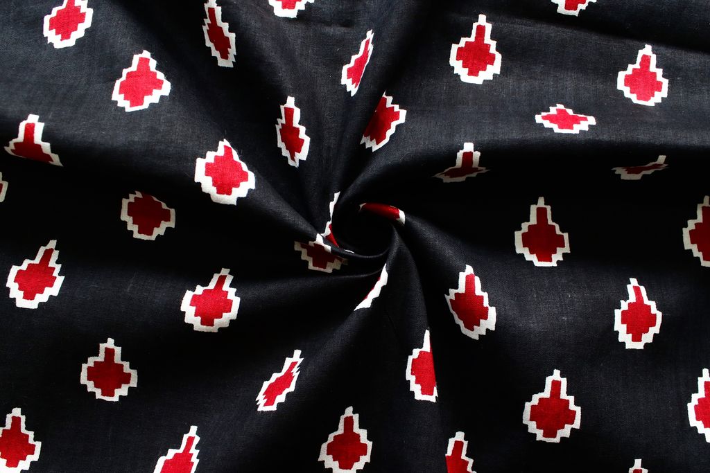 Black And Red Motifs Printed Pure Cotton Fabric