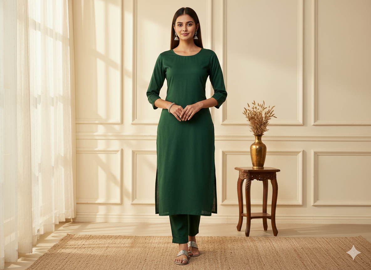 गहरा तुलसी हरा सादा ग्लेज्ड कॉटन कपड़ा