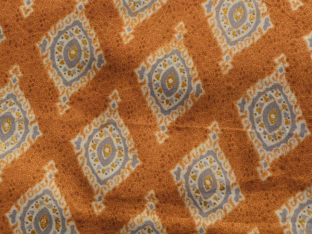 Mustard & Brown Motifs Foil Digital Printed Slub Cotton Fabric