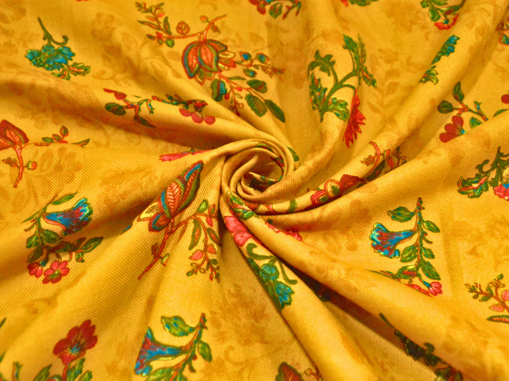 Yellow Floral Printed Semi Pashimna Woolen Fabric