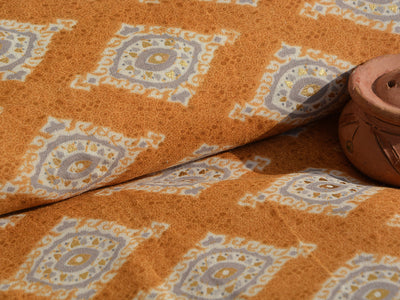 Mustard & Brown Motifs Foil Digital Printed Slub Cotton Fabric