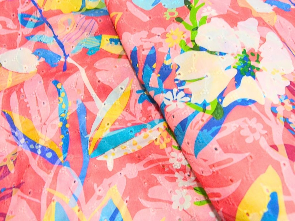 Multicolor 100 % Pure Cotton Chikan Embroidered Fabric