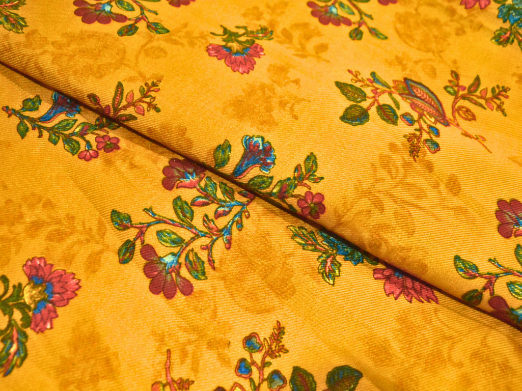 Yellow Floral Printed Semi Pashimna Woolen Fabric