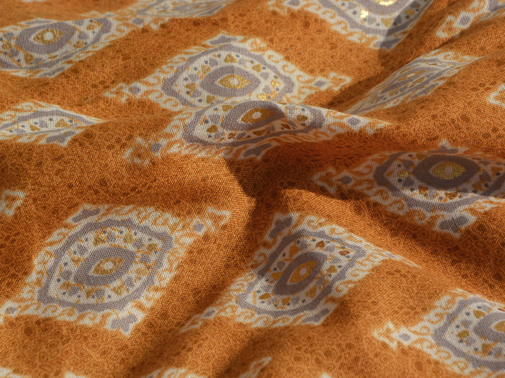 Mustard & Brown Motifs Foil Digital Printed Slub Cotton Fabric