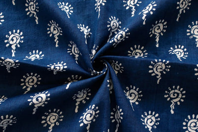 Navy Blue & White Motifs Printed Pure Cotton Fabric
