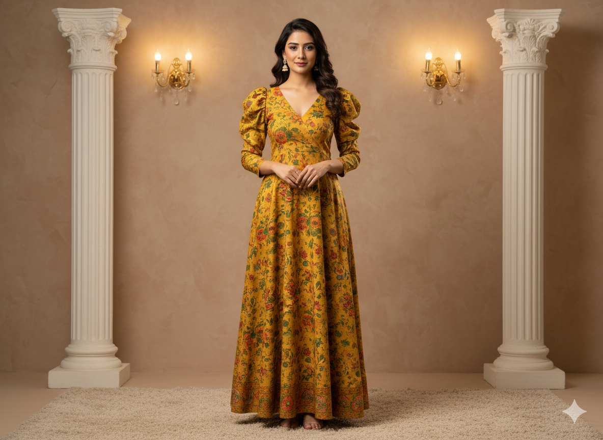 Yellow Floral Printed Semi Pashimna Woolen Fabric