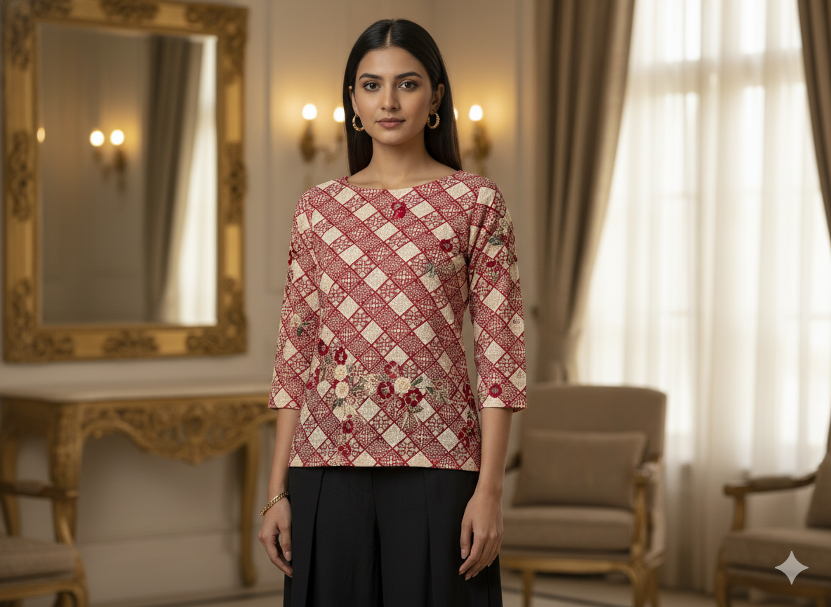 Maroon Diamond Digitally Printed Butter Crepe Fabric