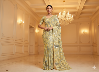 White Pure Viscose Chinon Chifon With Embroidered Fabric