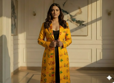 Yellow Floral Printed Semi Pashimna Woolen Fabric