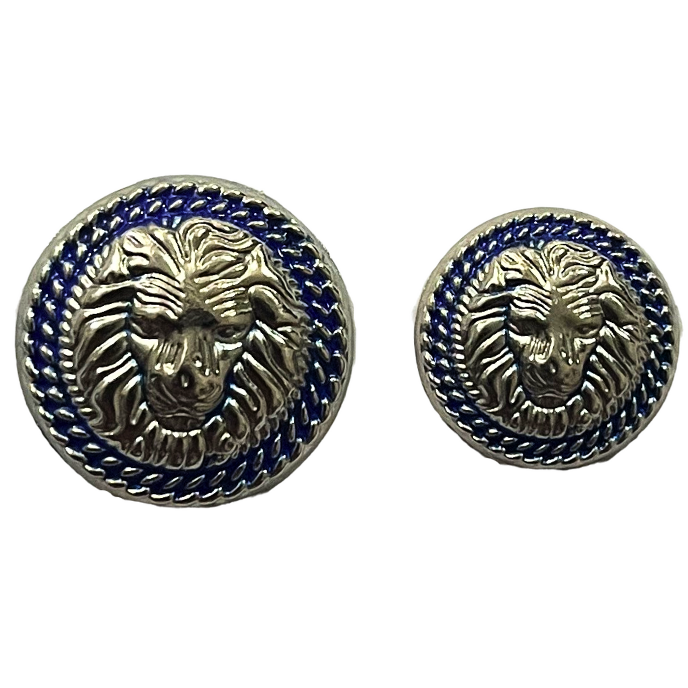 Blue & Silver Color Fearless Lion Face Shaped 1 Hole Round Metal Buttons