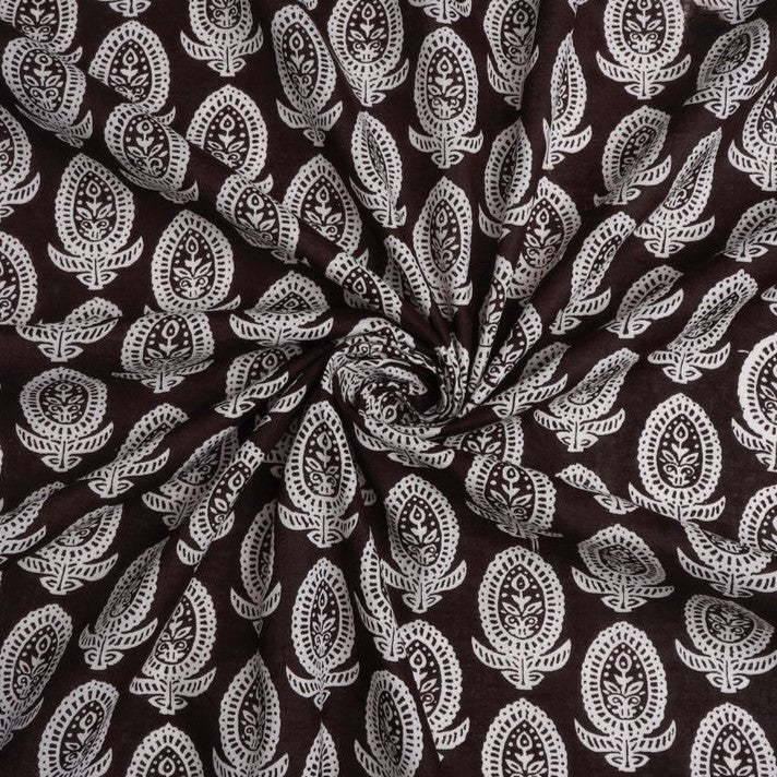 Brown & White Motifs Printed Pure Cotton Fabric