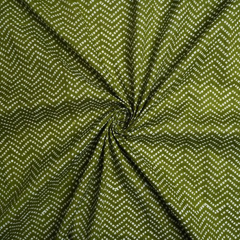 Olive Green & White Chevron Bandhani Printed Pure Cotton Fabric