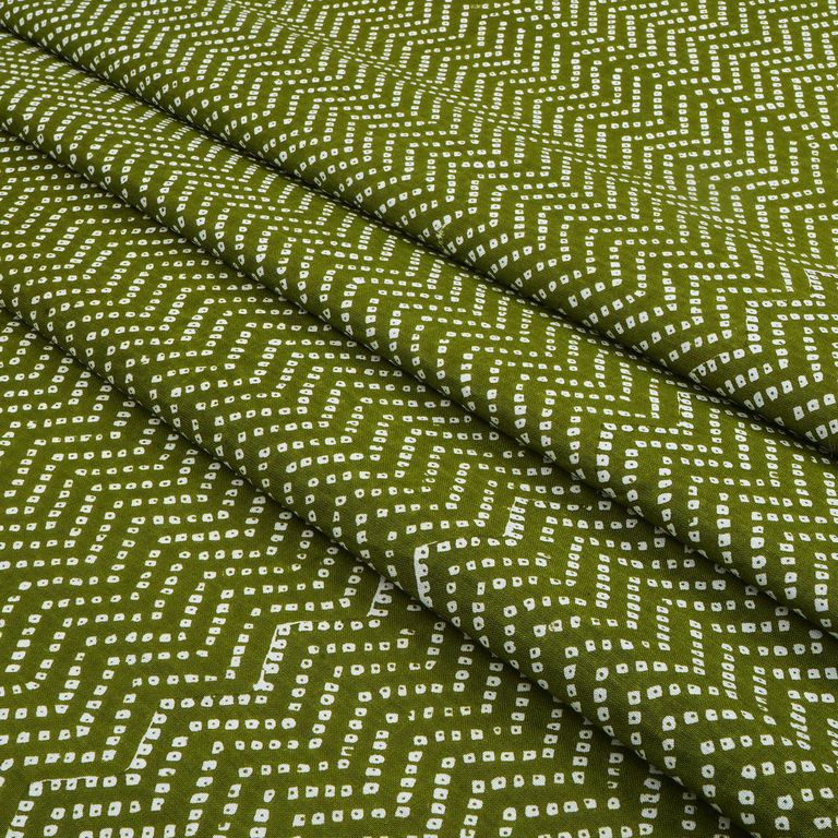 Olive Green & White Chevron Bandhani Printed Pure Cotton Fabric