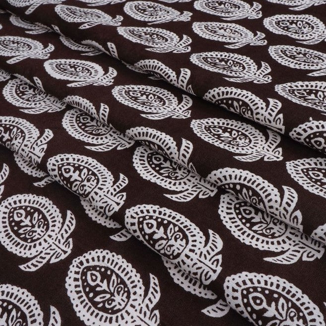 Brown & White Motifs Printed Pure Cotton Fabric