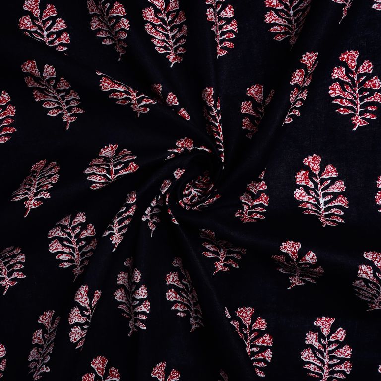 Black & Red Motifs Printed Pure Cotton Fabric