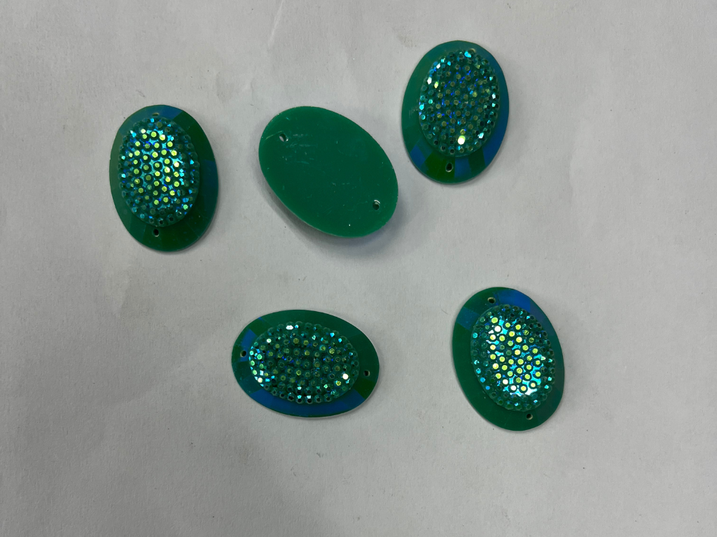 Green Embellished Oval Flat Back 2 Hole Plastic Stones