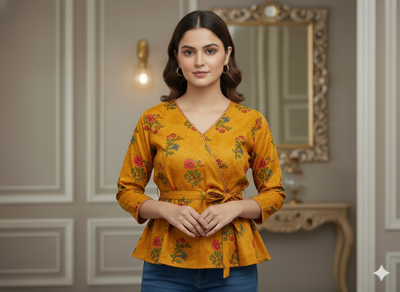 Yellow Floral Printed Semi Pashimna Woolen Fabric